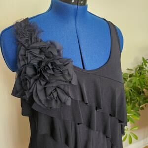 Nic & Dom NWT Navy Blue A-Line Waterfall Ruffles Floral Shoulder Emb Size PXL